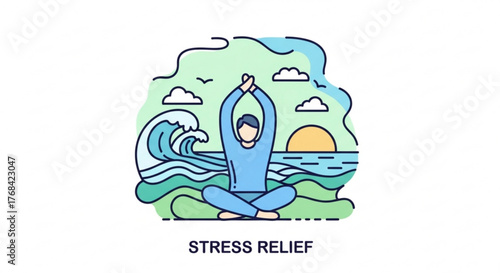A serene vector art depicting a person meditating by the ocean, promoting stress relief and mindfulness, with calming colors and peaceful scenery