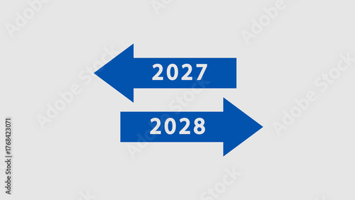 Free Download Blue arrows with years 2027 and 2028 pointing in opposite directions on a light gray background Keywords: 2027, 2028, arrow, direction, change, year, time, future, past, transition, movement - GFXLoad