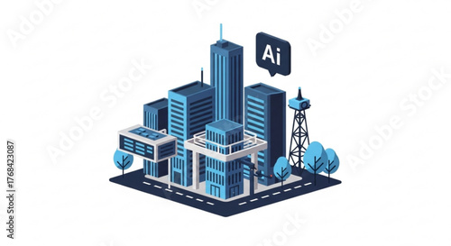 Isometric city illustration modern urban landscape with skyscrapers, buildings, and trees vector design for web, app, or print artificial intelligence concept