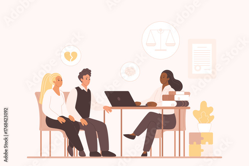 Legal advices for family, lawyer meeting with clients regarding divorce and alimony. Married couple and attorney sitting at table at lawyer office for law consultation cartoon vector illustration