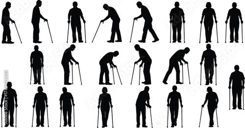 Elderly silhouette collection, cane walking poses, senior mobility icons, aging support figures, physical therapy reference, flat vector illustration