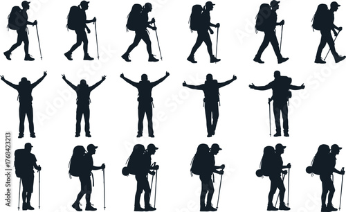 Hiker silhouette collection, backpack and pole poses, expressive outdoor gestures, trekking motion icons, adventure activity graphics, flat vector illustration