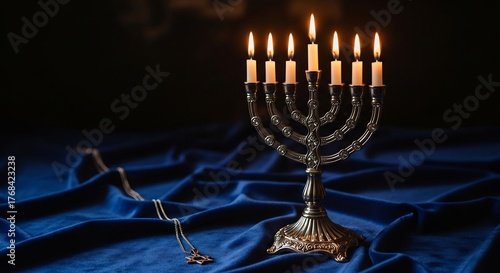 Festive Hanukkah menorah with lit candles against a dark background. Blue tablecloth and a Jewish star necklace provide warm, spiritual atmosphere. Perfect for holiday greetings, event promotion,