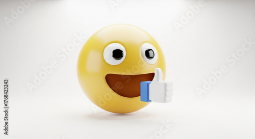 A cheerful yellow emoji with a wide smile and a thumbsup gesture, the emojis bright color and positive expression convey happiness and approval