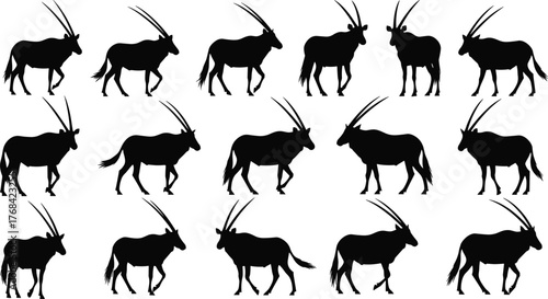 Antelope silhouette collection, wild animal poses, horned mammal set, standing, walking, wildlife vector pack, editable flat illustration