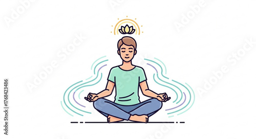 Man in lotus position young man meditating with lotus flower above his head concept of meditation, yoga, relaxation and harmony with nature