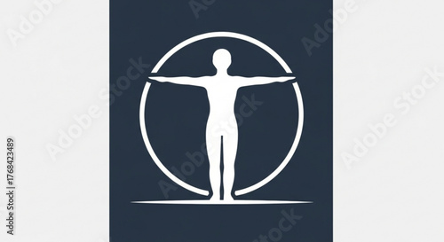 A minimalist icon features a human figure within a circle, representing balance, harmony, and holistic wellbeing in a clean and modern design