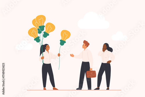 Business idea or solution share, support in solving problem. Tiny woman offering bright light bulb to man, boss or mentor giving smart solution, knowledge to employee cartoon vector illustration