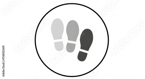 Three footprints in a circle represent a journey, progress, or following a path, suggesting movement, direction, and tracking steps