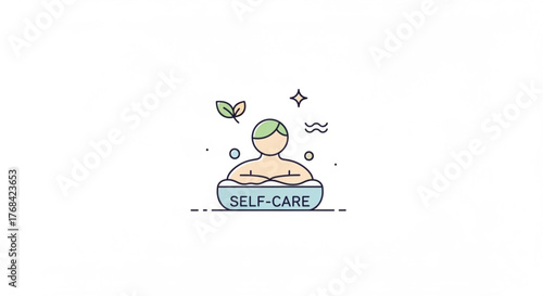 Person in a selfcare bath with leaves and water the person is sitting in a tub with the words selfcare written on it