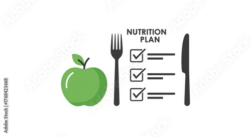 Nutrition plan concept with apple, fork, knife and checklist healthy eating, diet, and lifestyle concept with nutrition plan and fresh apple