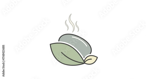 Aromatherapy stone with leaf, the icon shows a stone with steam and a leaf, the symbol is green and gray, the background is white