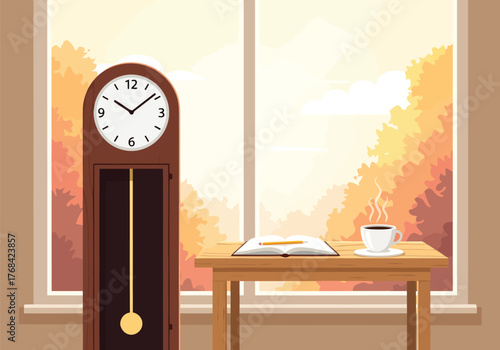 An illustration depicting a cozy autumn scene perfect for the end of Daylight Saving Time
