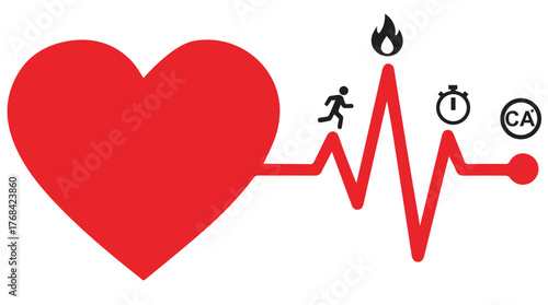 Digital Heart Rate Monitoring and Telemedicine Concept A modern flat vector graphic illustrating digital heart monitoring with a stylized EKG heartbeat across a large red heart, 