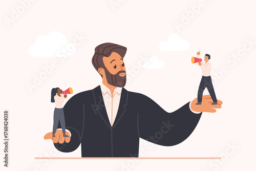 Employee voice and opinion listening, office meeting. Big boss holding two tiny people to listen ideas and facts, choose between lie and truth, workers shout into megaphone cartoon vector illustration