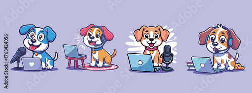 Adorable cartoon dogs creating content with microphones and laptops, perfect for podcasts, streaming, and online businesses