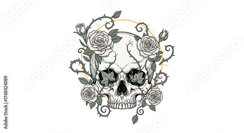 Elegant skull entwined with delicate roses and thorny vines against a white background creates a captivating blend of life and death.