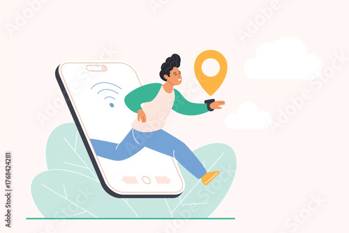 Parental control, kids protection with geolocation tracking app. Happy tiny school boy with smartwatch gadget and location sign on hand jumping out of smartphone screen, cartoon vector illustration