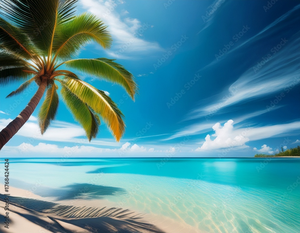 Obraz premium a beautiful tropical beach with palm trees and clear blue water a tropical background with a palm tree hanging over the ocean a blue sky with white clouds a relaxing vacation scene generative ai