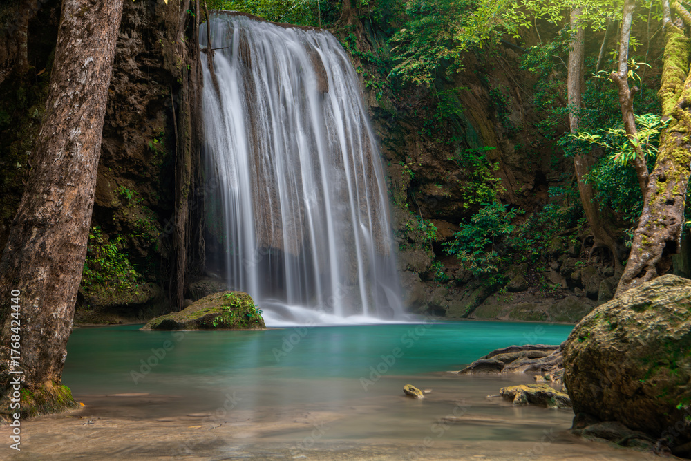Fototapeta premium Landscape view of Erawan waterfall kanchanaburi thailand.Erawan National Park is home to one of the most popular falls in the thailand.