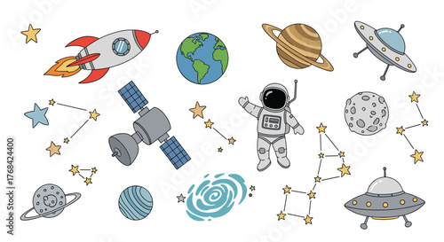 A colorful cartoon illustration of space objects including planets, rockets, astronauts, and constellations.