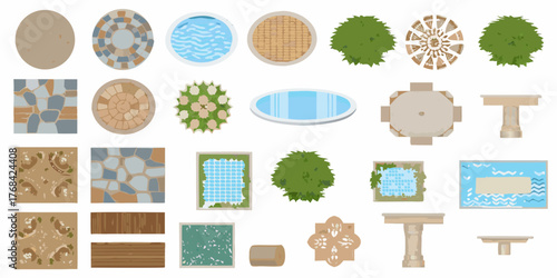 Collection of top down garden elements including paving pools bushes and furniture