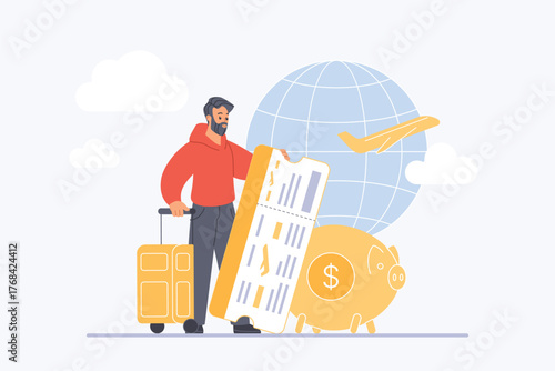 A cartoon man holding a ticket, with a suitcase, piggy bank, and globe with an airplane, showcasing the concept of travel planning, saving money for vacations, and global travel adventures.