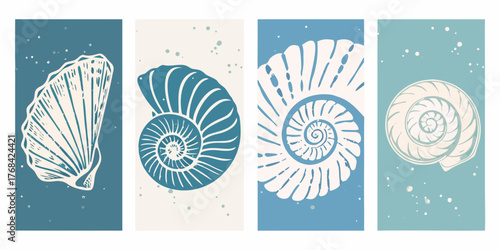 Set of four minimalist nautical art prints featuring stylized seashells and nautilus shells in blue and cream tones