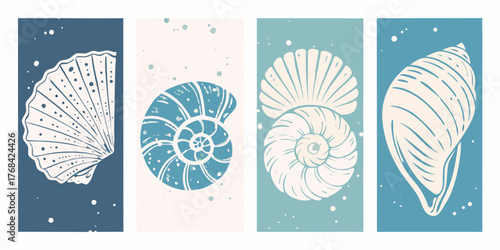 Set of four abstract nautical art prints featuring stylized seashells and ocean textures in a calming color palette