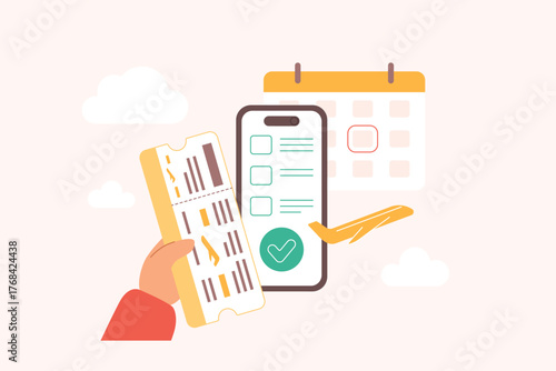 A cartoon man holding a ticket, with a suitcase, piggy bank, and globe with an airplane, showcasing the concept of travel planning, saving money for vacations, and global travel adventures.