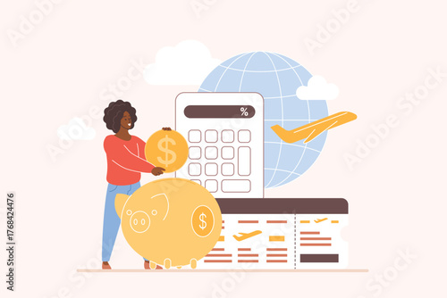Woman putting coin into piggy bank. Planning a vacation, savings concept. Travel ticket, calculator and globe in the background. Budgeting for travel. Saving money for holiday.