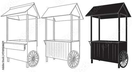 Three market stalls depicted in varying shades of illustration and style