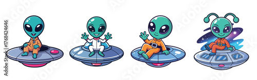 Cute cartoon aliens enjoying space travel in stylish flying saucers, perfect for fun designs and creative projects