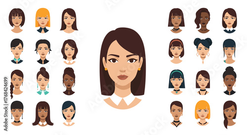 A diverse collection of cartoon female avatars with various hairstyles, skin tones, and expressions, perfect for user profiles and digital illustrations.