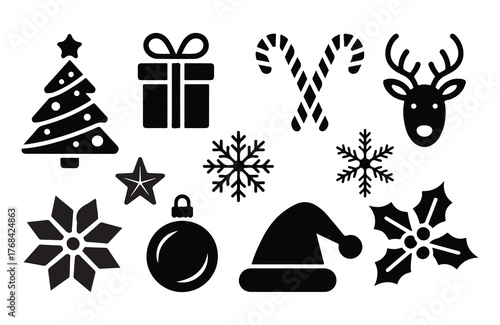 Black and white Christmas silhouette icon set with gifts, candy canes, hat, snowflake, and ornaments, festive winter vector illustration on white background