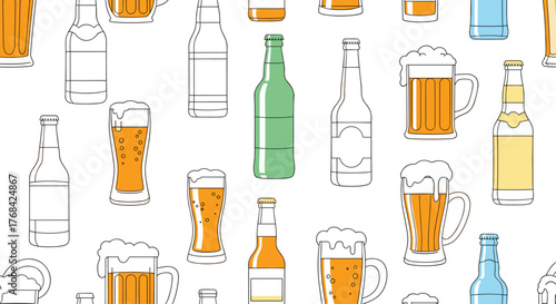 Seamless pattern of various beer bottles and mugs filled with amber liquid.