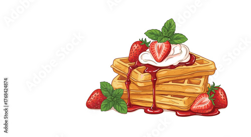 Delicious illustration of golden waffles stacked high, adorned with fresh strawberries, fluffy whipped cream, sweet red syrup, and vibrant mint leaves.