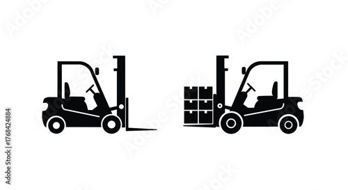 Two forklift silhouettes demonstrate loading and unloading of stacked boxes