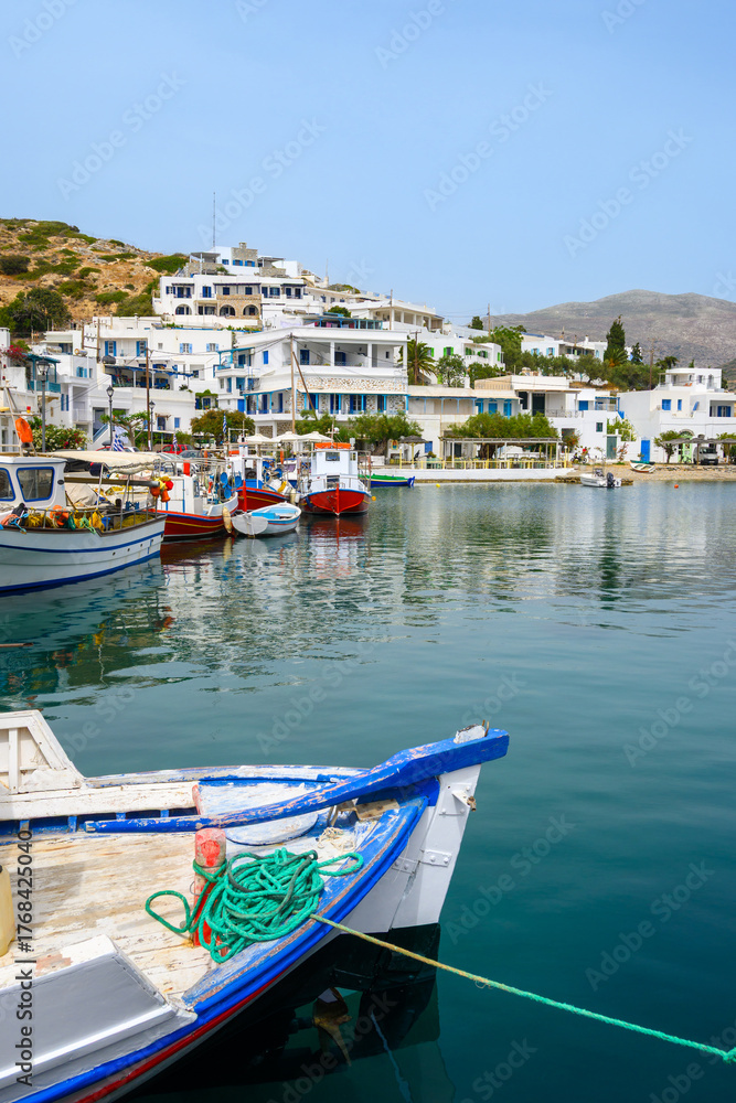 Fototapeta premium Fishing port in Xilokeratidi, a charming little settlement in the bay of Katapola. Amorgos, Cyclades, Greece