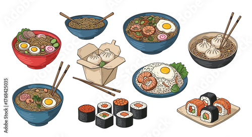 Illustration of various Japanese and Chinese dishes, including ramen, dumplings, fried rice, and sushi.