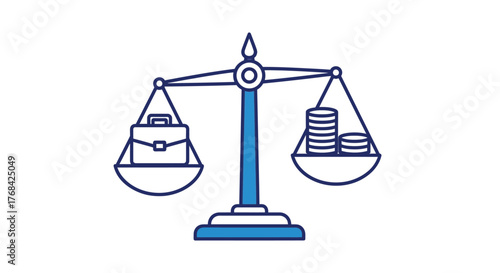 Scales of justice balancing briefcase and coins illustrating financial decisions