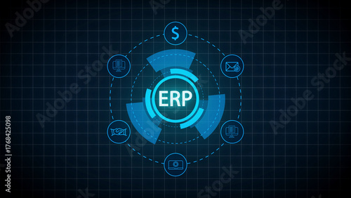 Digital ERP concept with icons for finance email business growth handshake and computer on a dark grid background Keywords: ERP, Enterprise Resource Planning, digital, technology, network