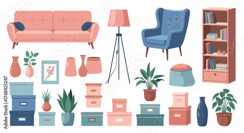 A cozy illustration of interior design elements, including furniture, plants, and storage boxes, in a modern, minimalist style.