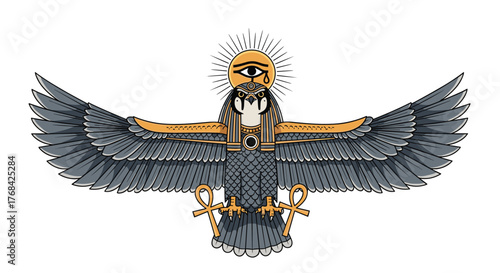 Stylized Egyptian falcon deity with outstretched wings, ankh symbols, and the Eye of Horus above.