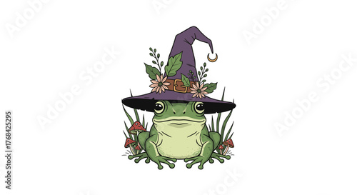 Whimsical illustration of a charming green frog wearing a decorated purple witch hat, sitting peacefully among lush grass and tiny red mushrooms.