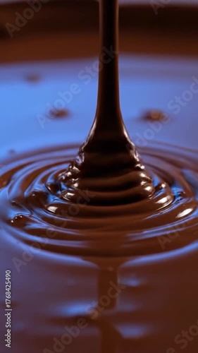 A cascade of glossy, dark chocolate streams down, forming concentric circles on a surface
