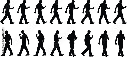 Walking cycle silhouette collection, human gait poses, motion sequence icons, animation reference set, biomechanics vector graphic, flat vector illustration