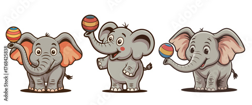 Three cheerful cartoon elephants playfully balancing colorful striped balls on their trunks, showcasing joy and skill.