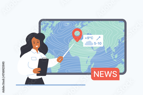 Vector illustration of a female weather presenter explaining temperature and wind forecast using a large meteorological map on television news broadcast.
