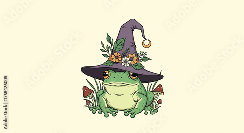 A cute frog wearing a witch hat adorned with flowers and leaves sits in the grass with mushrooms.